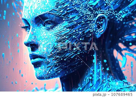 A profile of a human face created from glowing machine code on a dark blue background 107689465