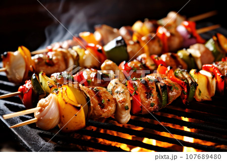 Delicious chicken and pepper kebabs. 107689480