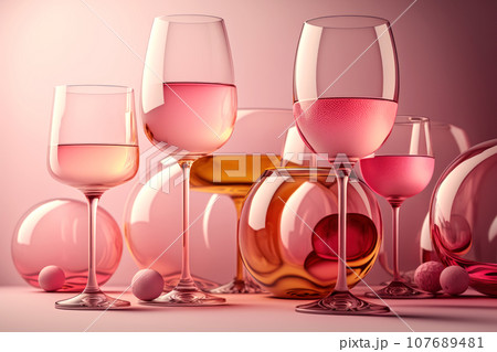 A collection of elegant transparent glasses on a high stem with a pink drink 107689481