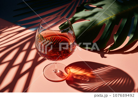 Still life with an elegant crystal glass with patterns with pink wine and green leaves inside. Generated by AI. 107689492