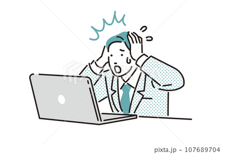 人物 パソコンを見ながら頭を抱えるビジネスパーソンの男性 人物 パソコンを見ながら頭を抱えるビジネスパーソンの男性 107689704