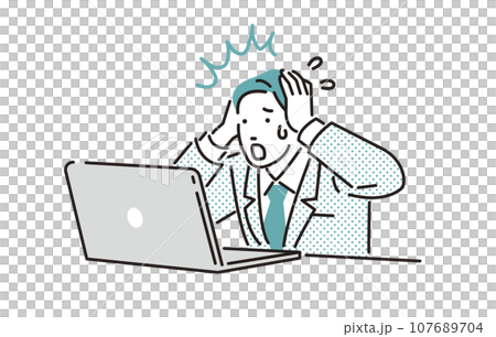 人物 パソコンを見ながら頭を抱えるビジネスパーソンの男性 人物 パソコンを見ながら頭を抱えるビジネスパーソンの男性 107689704