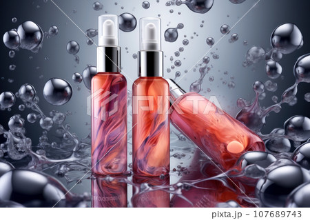 Glass bottles with a transparent essence and a silver lid on an abstract multicolored background 107689743