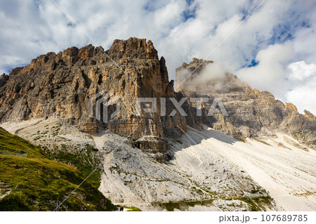 Rugged rocky peaks of Paterno mountain in Sexten Dolomite range Rugged rocky peaks of Paterno mountain in Sexten Dolomite range 107689785