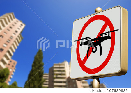 Drones Prohibited Sign - Road Sign of No Fly Drones Area 107689882