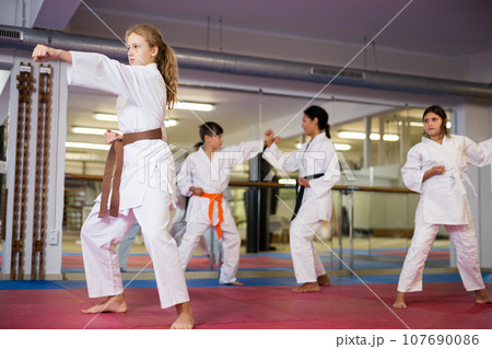 Serious girl practicing taekwondo movements in gym 107690086
