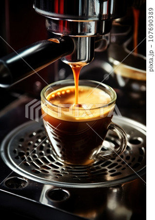 Close-up of espresso pouring from coffee machine. 107690389