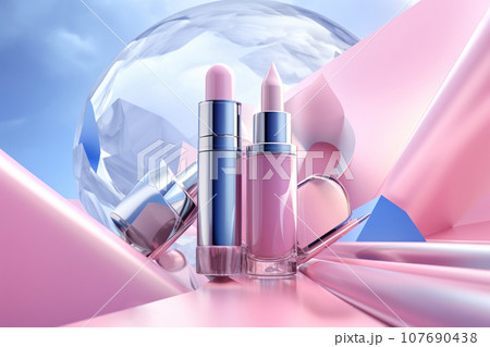 Pink lipsticks fly on an abstract background with shiny textures and a crystal sphere. Generated by AI. 107690438