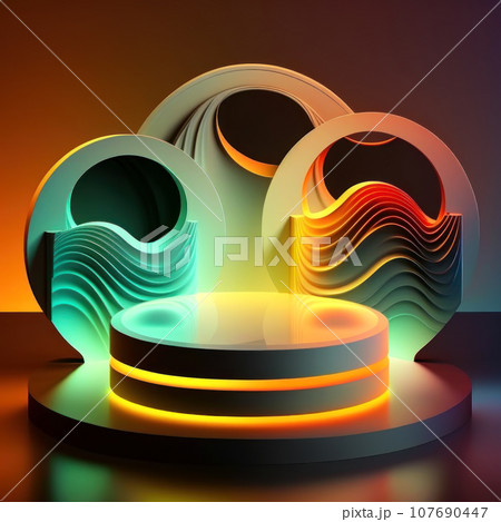 Beautiful podium for products in neon colors with mountains 107690447