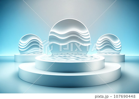 Beautiful podium for products in neon colors with mountains 107690448