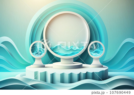 Beautiful podium for products in neon colors with mountains 107690449