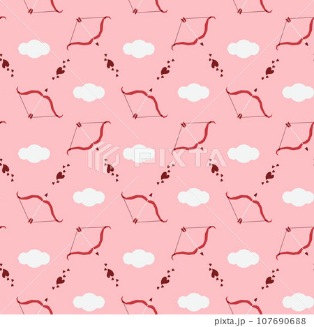 Seamless pattern with bow, arrow, heart and cioud. Valentines day decor. Festive pattern for fabric, wrapping paper, clothing. Vector illustration. Seamless pattern with bow, arrow, heart and cioud. Valentines day decor. Festive pattern for fabric, wrapping paper, clothing. Vector illustration. 107690688
