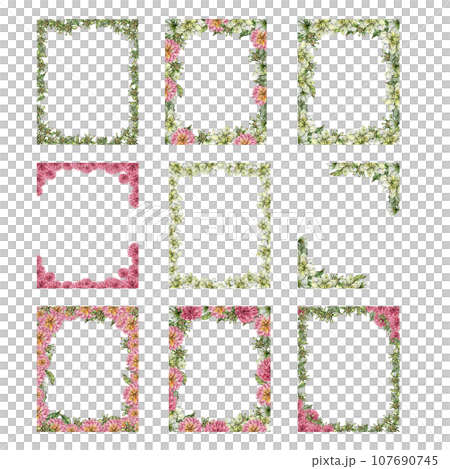 Flowers square frame with dahlia, watercolor illustration for cards, backgrounds, scrapbooking. Hand drawn background with flower for your design. Perfect for wedding invitation. Flowers square frame with dahlia, watercolor illustration for cards, backgrounds, scrapbooking. Hand drawn background with flower for your design. Perfect for wedding invitation. 107690745