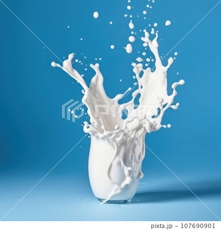 Liquid milk splashing on a blue surface, a fresh and vibrant representation of dairy products is AI Generative. 107690901
