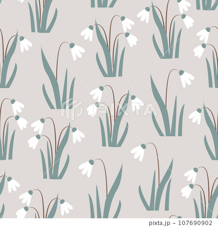 Seamless pattern with Snowdrops flowers on grey background. Vector Illustration. Seamless pattern with Snowdrops flowers on grey background. Vector Illustration. 107690902