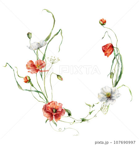 Watercolor minimalistic wreath of meadow flowers, white and red poppies. Hand painted floral illustration isolated on white background. Frame for design, print, fabric or background. 107690997