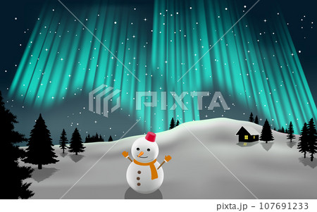星空に輝くオーロラと雪山の雪だるま 107691233
