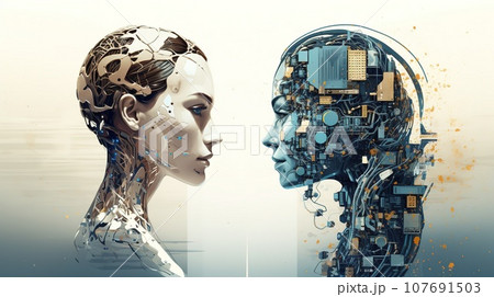 Portrait of AI and human facing each other, AI vs human battle, technology concept Portrait of AI and human facing each other, AI vs human battle, technology concept 107691503