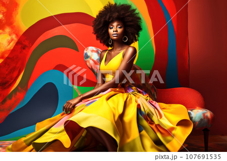 Female portrait of beautiful stylish black woman in elegant multicolored dress at sunset Female portrait of beautiful stylish black woman in elegant multicolored dress at sunset 107691535