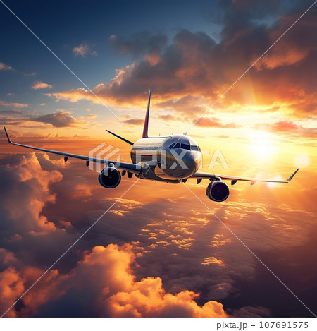 Airplane or airliner in the sky during lovely sunset, transportation concept 107691575