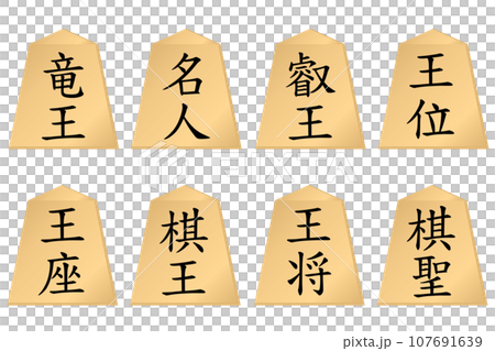将棋の8大タイトル。竜王、名人、叡王、王位、王座、棋王、王将、棋聖。 将棋の8大タイトル。竜王、名人、叡王、王位、王座、棋王、王将、棋聖。 107691639