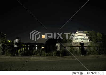 《愛知県》中秋の名月とライトアップされた名古屋城西北隅櫓の写真を撮る人々 107691800