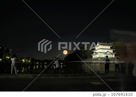 《愛知県》中秋の名月とライトアップされた名古屋城西北隅櫓の写真を撮る人々 《愛知県》中秋の名月とライトアップされた名古屋城西北隅櫓の写真を撮る人々 107691810