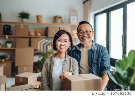 Middle-aged married asian couple on background of cardboard boxe Middle-aged married asian couple on background of cardboard boxe 107692130