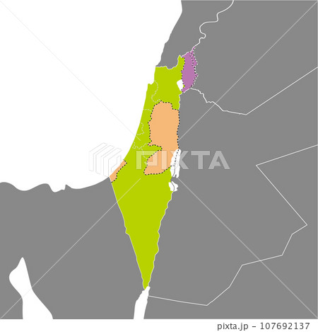 イスラエルの各地区とパレスチナ自治区、ゴラン高原の地図、周辺諸国 107692137