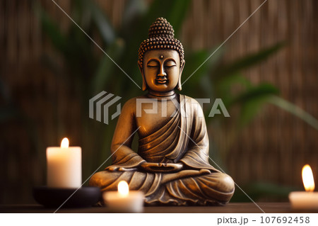 Close-up of Buddha statuette doing meditation in lotus position. Metal figurine in cozy home interior against backdrop of green leaves and wall. Lit white candles on foreground. Generated by AI. Close-up of Buddha statuette doing meditation in lotus position. Metal figurine in cozy home interior against backdrop of green leaves and wall. Lit white candles on foreground. Generated by AI. 107692458
