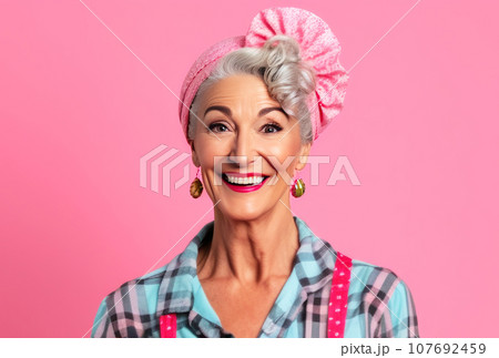Stylish smiling charming mature woman in a plaid shirt and a cute hat. A happy curly gray-haired housewife laughs and poses. Generated by AI. Stylish smiling charming mature woman in a plaid shirt and a cute hat. A happy curly gray-haired housewife laughs and poses. Generated by AI. 107692459