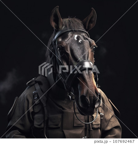 Portrait of a horse dressed in a tactical military outfit on a clean background. Wildlife Animals. Illustration, Generative AI. 107692467
