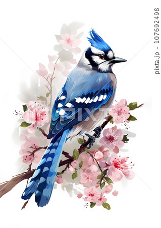 Image of a blue Jay perched on a branch and a beautiful flower. Birds. Wildlife Animals. Illustration, generative AI. Image of a blue Jay perched on a branch and a beautiful flower. Birds. Wildlife Animals. Illustration, generative AI. 107692498