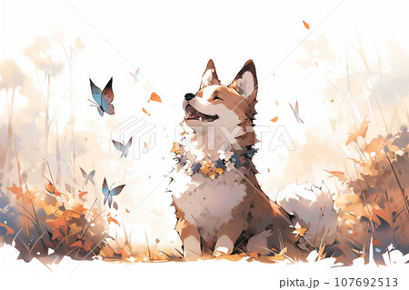紅葉を持つかわいい秋田犬。水彩イラストの写真素材・画像素材