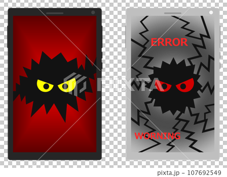 An illustration of a smartphone broken due to a virus invading and being infected. 107692549