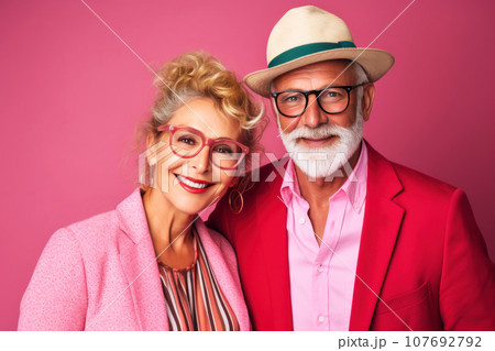 Stylish mature married couple in sunglasses and fashionable pink clothe Stylish mature married couple in sunglasses and fashionable pink clothe 107692792