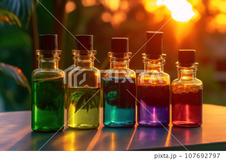Small glass bottlees with hemp oil with a stopper on a natural backdrop Small glass bottlees with hemp oil with a stopper on a natural backdrop 107692797