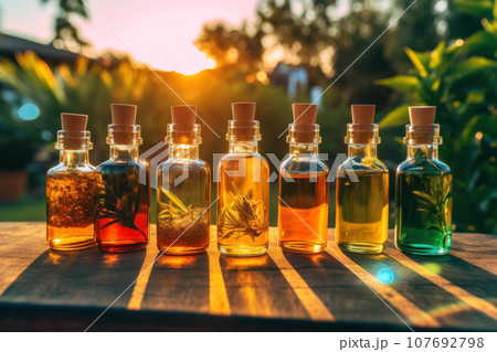 Small glass bottlees with hemp oil with a stopper on a natural backdrop 107692798