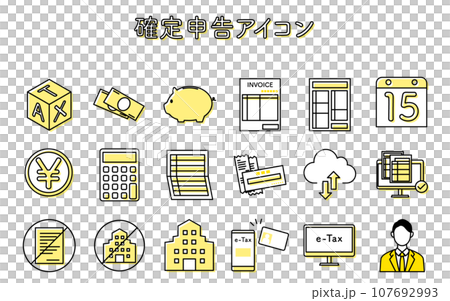 確定申告のシンプルな線画アイコンセット 107692993
