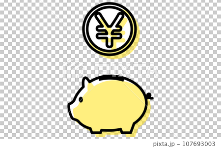 貯金・節約のイメージ、豚の貯金箱と円マーク、シンプルな線画アイコン 107693003