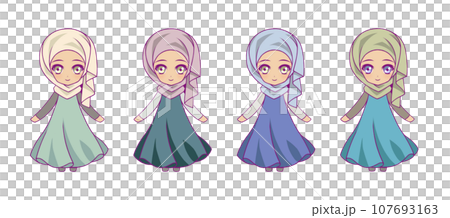 Anime-style deformed full-body illustration set of Muslim girl characters Anime-style deformed full-body illustration set of Muslim girl characters 107693163