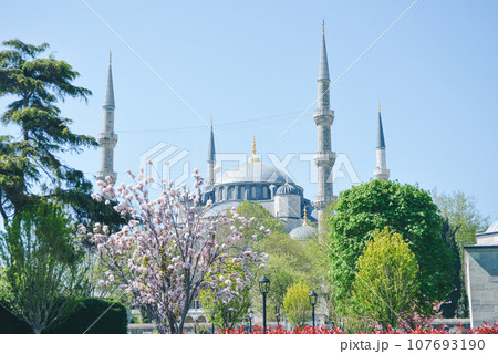 Blue Mosque (Sultanahmet Camii), Bosporus and asian side skyline, Istanbul, Turkey. 107693190