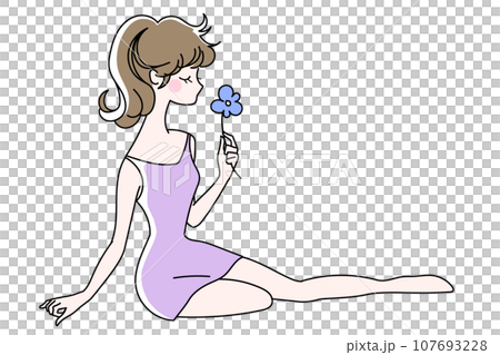 一輪の青い花を持ち座っているポニーテールの女性 107693228