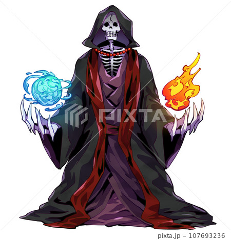 フードをかぶった骸骨のモンスターイラスト 魔法エフェクトあり