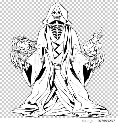 戴著兜帽的骷髏怪物圖線畫,具有魔法效果不死骷髏法師 戴著兜帽的骷髏怪物圖線畫,具有魔法效果不死骷髏法師 107693237