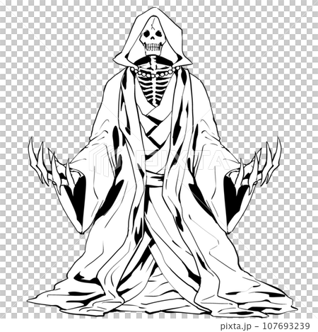 Monster illustration line drawing of a skeleton wearing a hood, undead, skeleton mage, rich 107693239