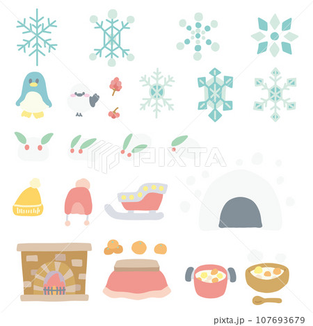 シンプルにデフォルメした冬の小物カラーイラストセット 107693679