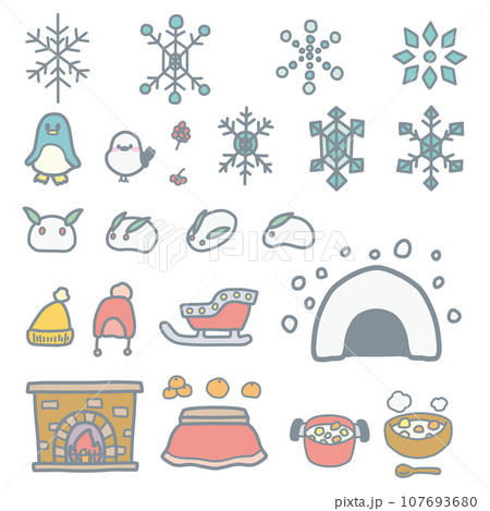 シンプルにデフォルメした冬の小物カラーイラストセット 107693680