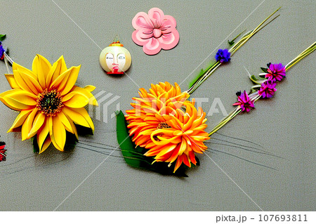 黄色とオレンジとピンクの花とデコレーション。Generative AI 107693811