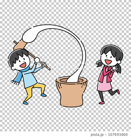 Illustration of a boy and a girl pounding rice cakes on New Year's Day 107693860